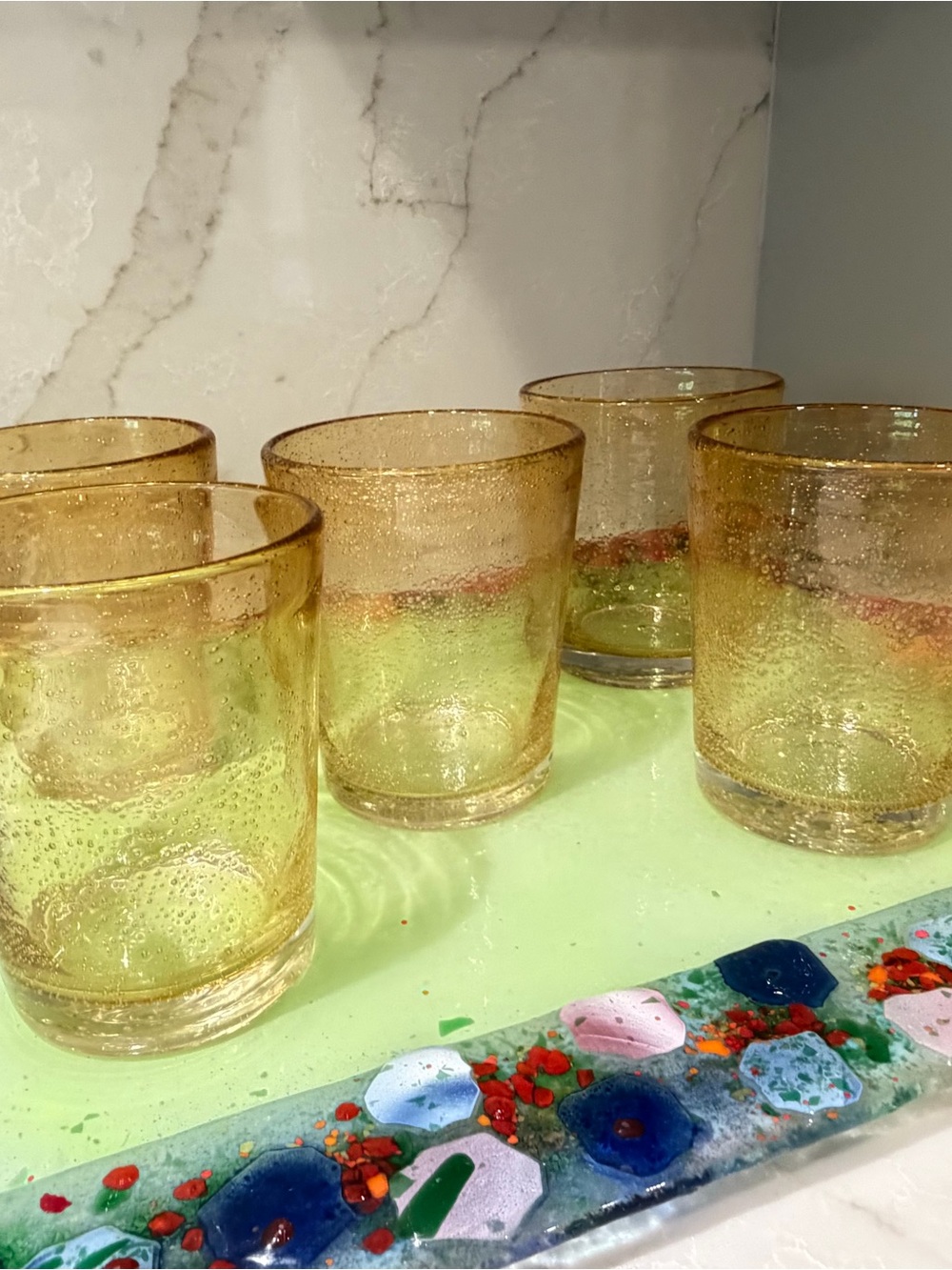 Hand Blown Mexican Amber Bubble Glass Tumbler Set of 5